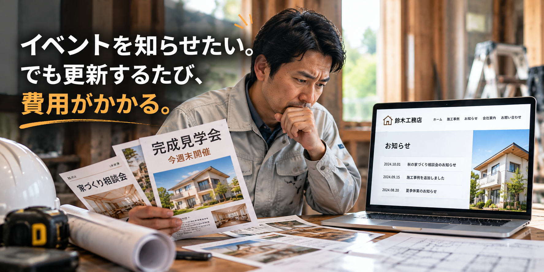 工務店の男性。イベント更新や追加ページの費用に悩む