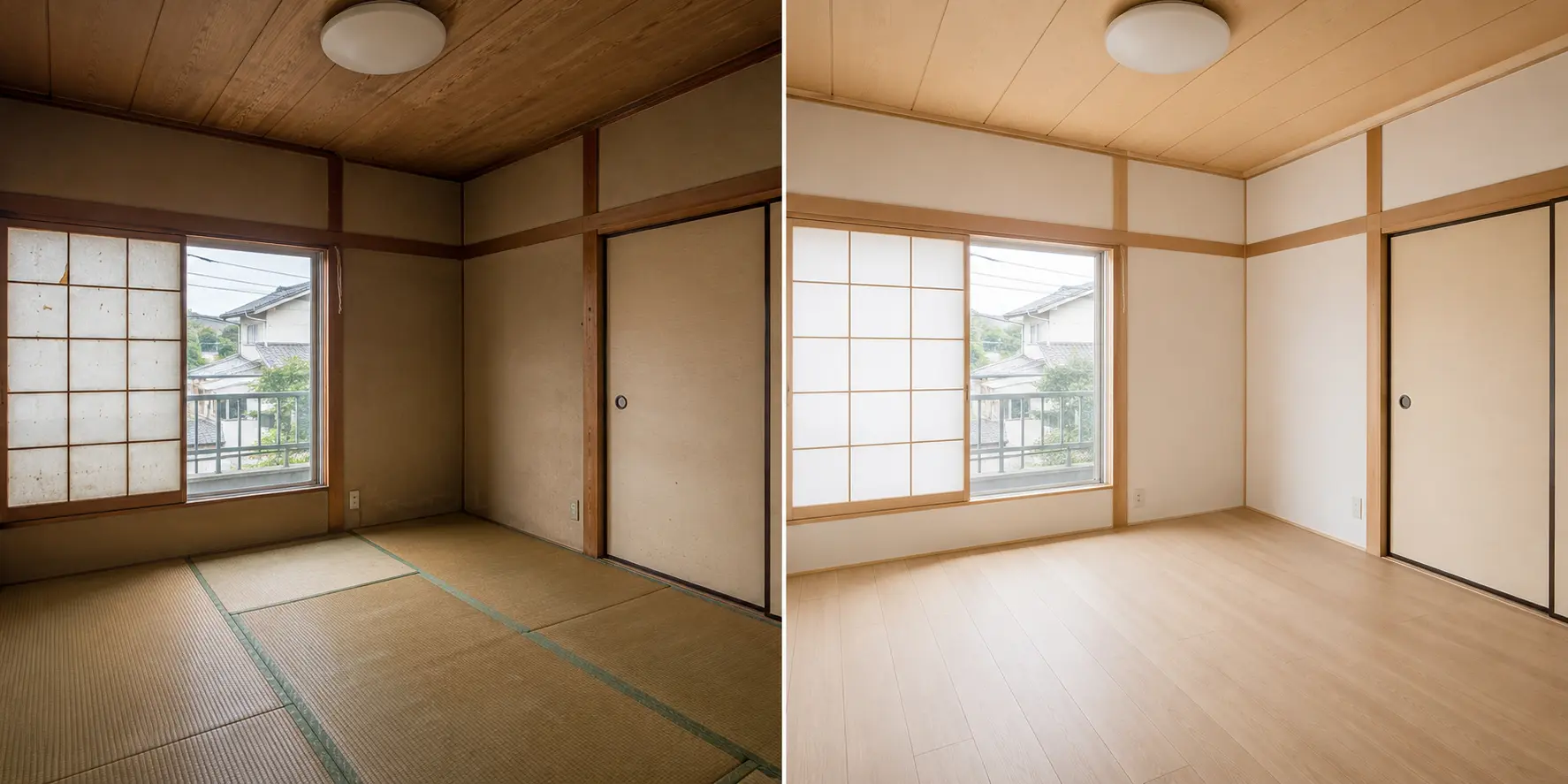 和室を、明るく使いやすい洋室への施工前・施工後