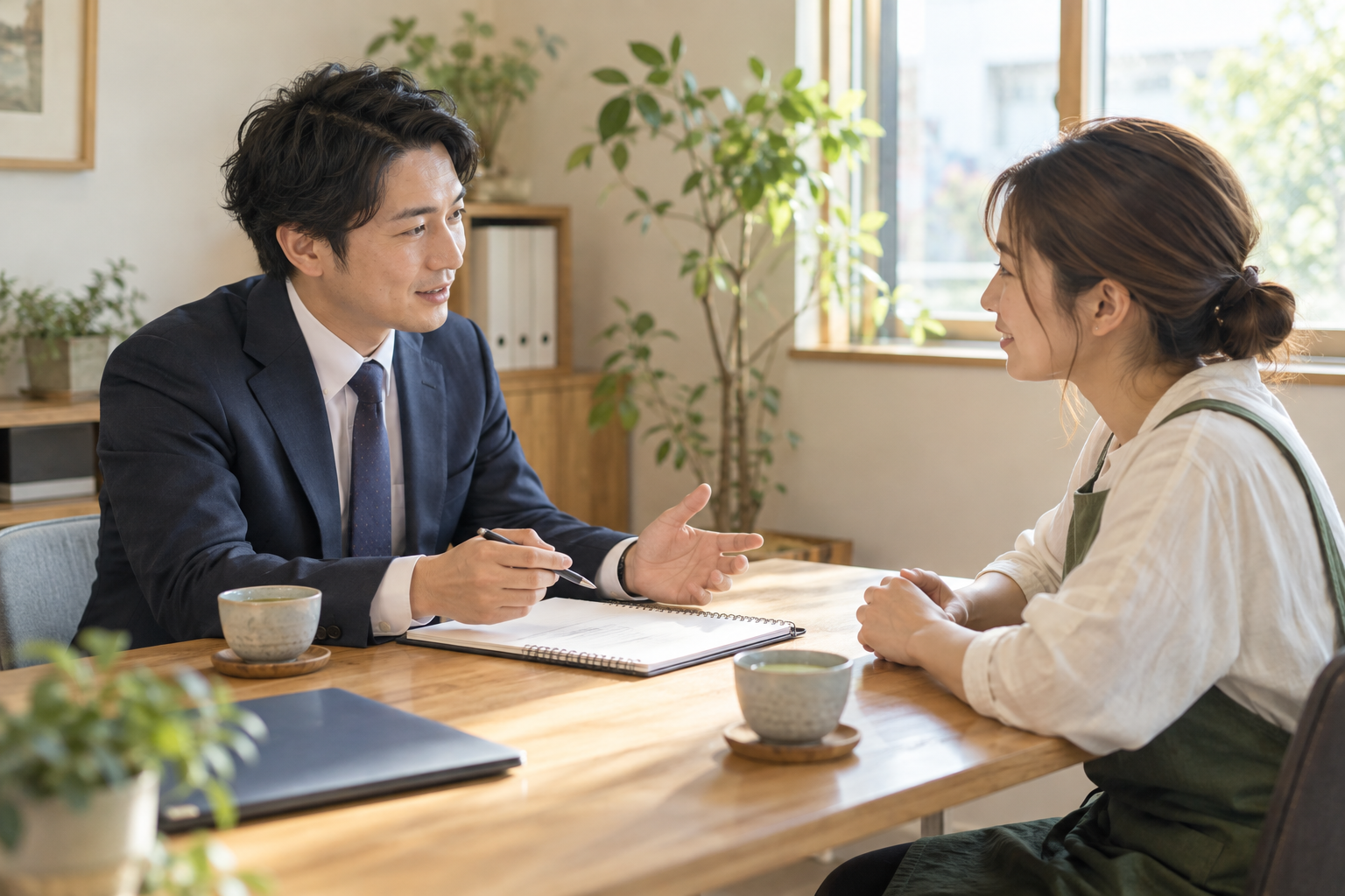 税理士と小さな事業者が向かい合って相談する架空の風景